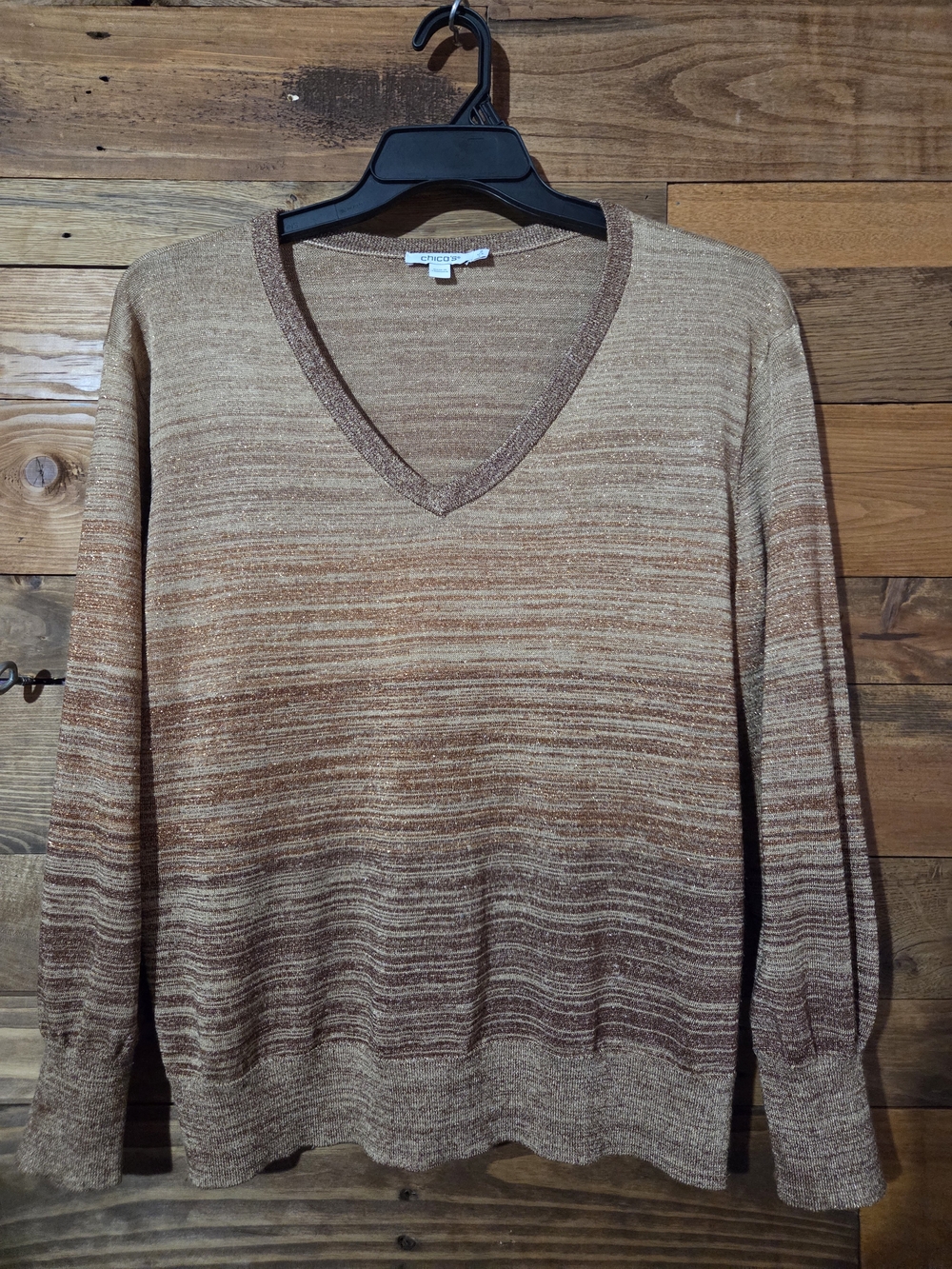 Chico's Shimmer Space Dye V Neck Sweater Bronze Gold Knit Women's L Lurex Knit